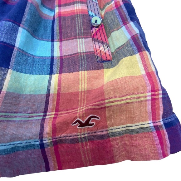 Hollister Plaid Multi Color Lined Skirt Pull on 2 Front Pockets Size Small Linen - Picture 9 of 13